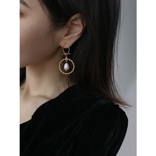 Brass With 18K Gold Real Pearl Knot Drop Earrings Women Jewelry Punk Party Gown Top Runway Rare Boho Korean Japan INS Fashion