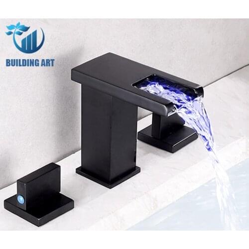 LED Brass Waterfall Basin Faucet Bathroom Faucet Mixer Crane Bathroom Faucet Taps Basin Faucet 2 Handle 3pcs Bathtub Faucet