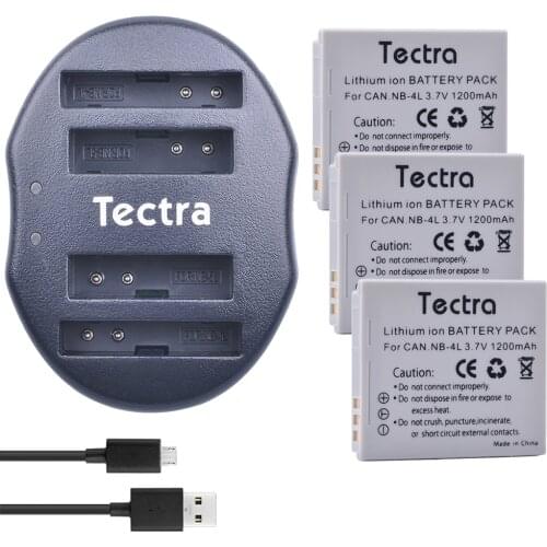 Tectra 3pcs NB-4L NB4L Replacement Battery + USB Dual Charger for Canon IXUS 60 65 80 75 100 I20 110 115 120 130 IS 117 220 225