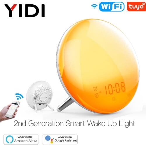 WiFi Smart Wake Up Light Workday Clock Sunrise/Sunset Simulation 4 Alarms Works with Alexa Google Home Tuya app Remote Control
