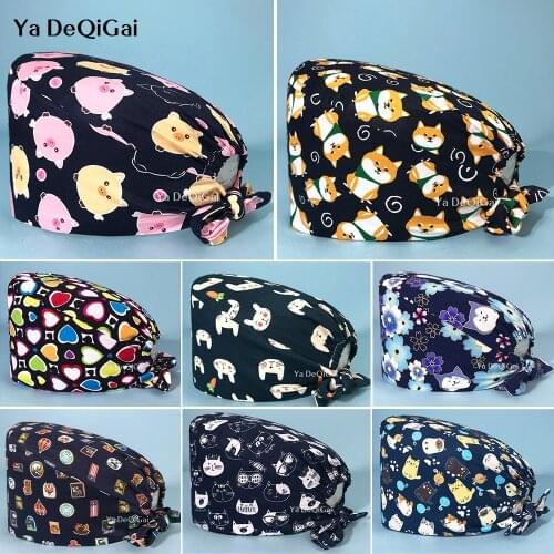 Unisex cartoon printing scrubs Caps beauty salon work hat adjustable Scrub hat lab work caps Pet grooming working hats wholesale