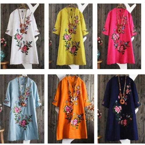 Summer Short Sleeve Blouses Women Maxi Long Bohemian Vintage Retro Flowers Embroidery Blouses Shirts Casual Mini-Dress NS820