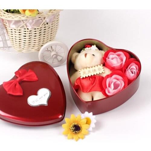 3Pcs Scented Rose Flower Petal Heart Shape Gift Box With Bear Bath Body Soap Gift