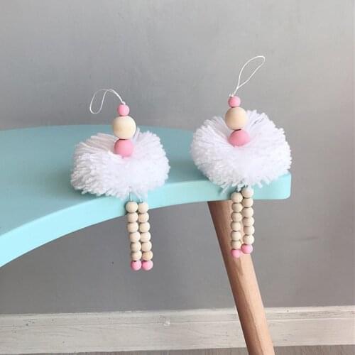 Nordic Style Ballet Dancer Hanging Decoration Hairball Wooden Bead Girl String Pendant Room Decor Baby Photography Props