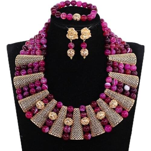 Free Shipping Rose Pink Stone Beads Jewelry Set Chunky Statement Necklace Gothic Fashion Ladies Jewelry Wedding Party GS042