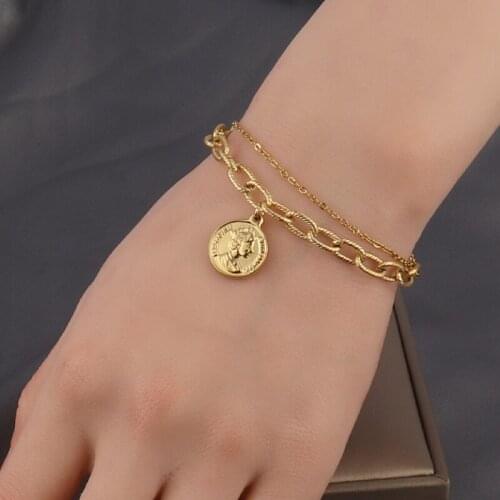 Punk Stainless Steel Bracelets Coin Bracelet Bangle Bohemian Circle Queen Thick Chain Tassel Pendant Bracelet Women Jewelry