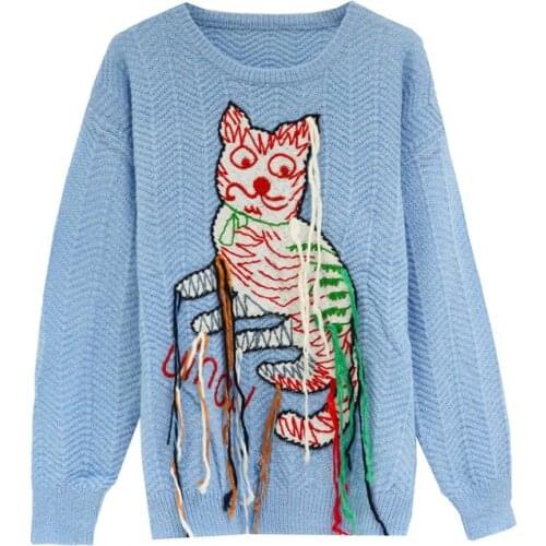 Brand Luxury Clothes 2020 Autumn Winter Sweater Pullover Loose Embroidery Tassel Christmas Cat Embroidery Blue Women Jumper