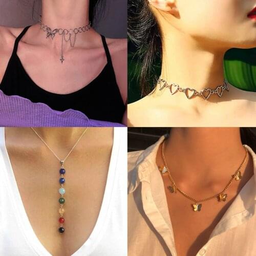 Vintage Fashion Gold Silver Color Heart Butterfly Shape Chain Pendant Necklaces for Women Necklace Female Boho Jewelry Gift