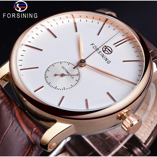 Forsining Rose Gold Male Mechanical Watch Simple Minimalism Designer Business Genuine Brown Leather Mans Clock Hour Reloj Hombre