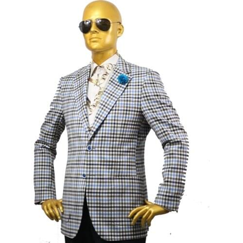 Custom tailor made Mens bespoke suits business formal wedding ware 2 pieces Jacket coat pant blue grey plaid fine wool winter