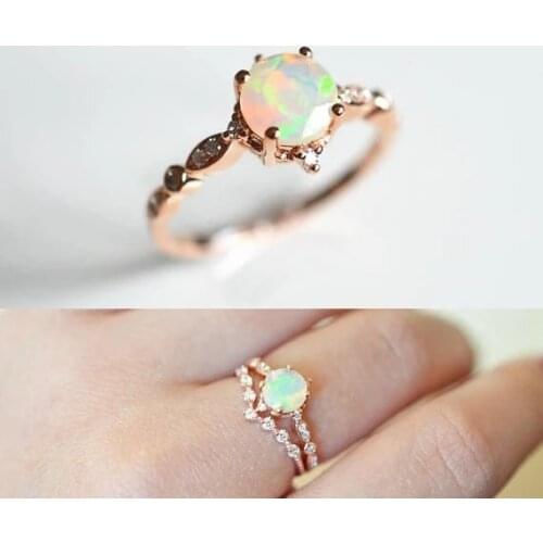 Top quality 925 Sterling Silver delicate round white fire opal stone rose gold color small CZ ring women fashion wedding jewelry