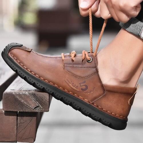 2021 New Mens Soft Leather Casual Shoes Fashion Driving Shoes Classic Lace-Up Flats Comfortable Loafers Moccasins Big Size 48