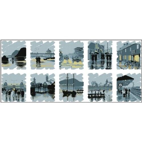 Top Quality Lovely Counted Cross Stitch Kit Nostalgic Nostalgia City Town Train Station Bridge Boat Raining Good Old Days