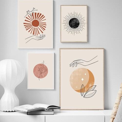 Boho Celestial Hand Line Wall Art Mid Century Abstract Sun Moon Poster Beige Orange Canvas Print Nordic Wall Pictures Room Decor