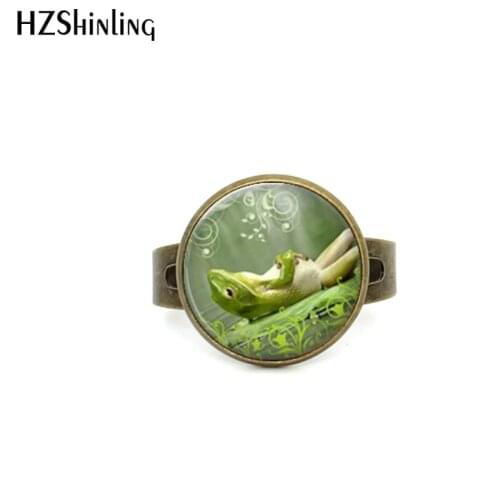 2017 New Style Animal Jewelry Green Sleepy Lazy Frog Adjustable Rings Bronze Ring Round Glass Dome Ring For Women