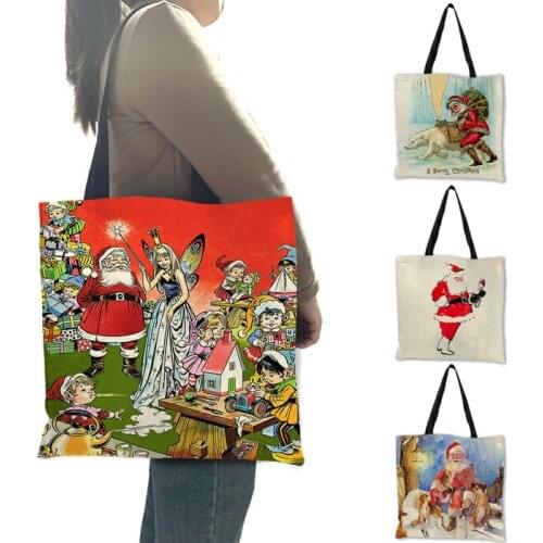 New Arrival Christmas Tote Handbag for Women Lady Cartoon Santa Claus Fairy Print Large Shopping Bags For Groceries B13213