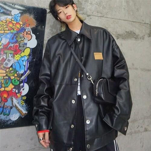 Autumn Mens Jacket Leather Vogue Casual Loose Jacket Japan Harajuku Long Sleeve Leather Jacket Men Black Rock Zipper Tops