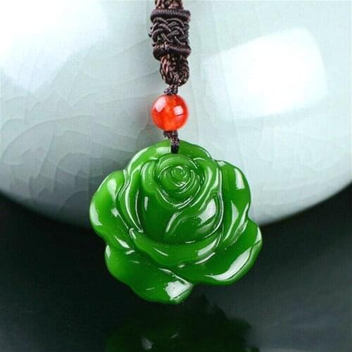 Rose Flower Natural Green Jade Pendant Necklace Hand-Carved Charm Jadeite Jewelry Amulet Fashion Accessories for Men Women Gifts