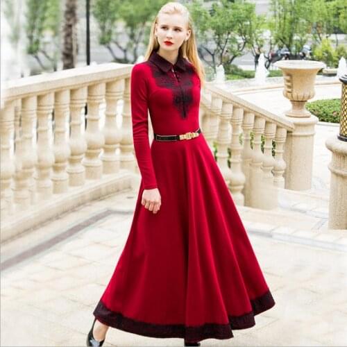 Autumn and winter Floor-length high waist was thin long-sleeved red dress female lace stitching and long temperament dress F1661