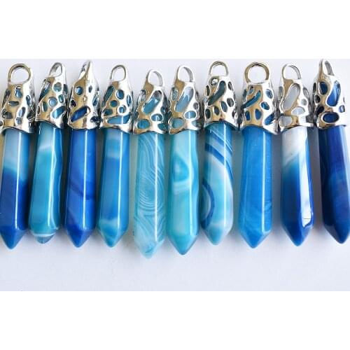 Fashion natural Blue stripe onyx hexagonal pillar charms pendants 12x50mm for necklace making 10pcs/lot wholesale free shipping