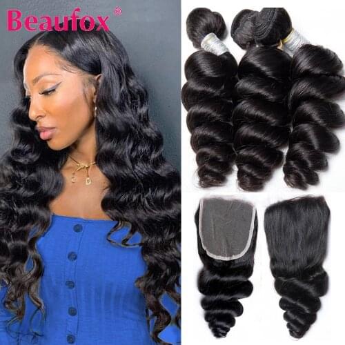 Beaufox Loose Wave Bundles With Closure Remy Human Hair 3 4 Bundles With Closure Brazilian Hair Weave Bundles With Closure 30 In