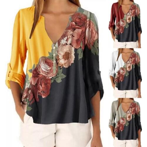 S-5XL Women Fashion Sexy V Neck Flower Print Casual Long Sleeves Top Shirt Blouse Loose Top Plus Size Clothing