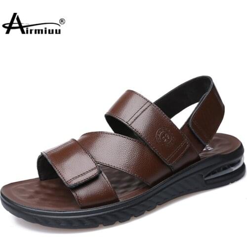 Air Cushion Sandals Cow Leather Mens Breathable Casual Shoes Male Non-Slip Soft Bottom Slippers Dual Use Sandals Men Beach