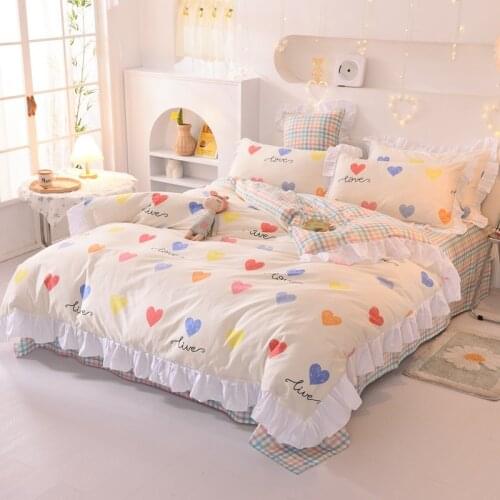 Cute Girl Floral Bedding Set Simple Printed Plaid Cotton Duvet Cover Sheet Bed Sheet Four-piece Lotus Leaf Lace Bedding Set