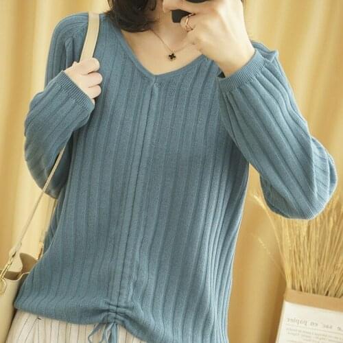 2020 Spring Autumn New European V-neck Cotton Linen Long-Sleeve Knitwear Loose Slimming Pullover Bottoming Shirt Women Solid