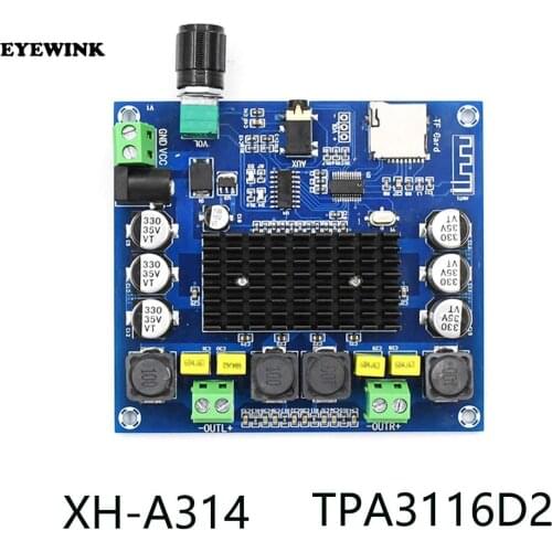 XH-A314 High power digital Bluetooth power amplifier board tpa3116d2 Bluetooth 5.0 module supports aux and TF cards