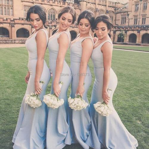 YNQNFS BD26 Chic V Neck Simple Mermaid Light Sky Blue Bridesmaid Dresses Long