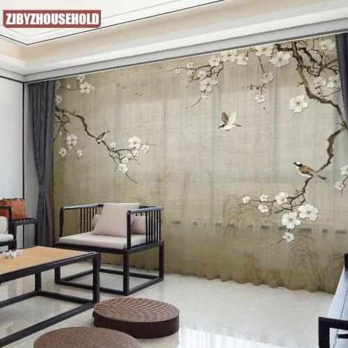 Customizable Chinese Style Magnolia Peach Blossom Flower and Bird Curtain Cloth Gauze Curtains for Bedroom Living Study Room