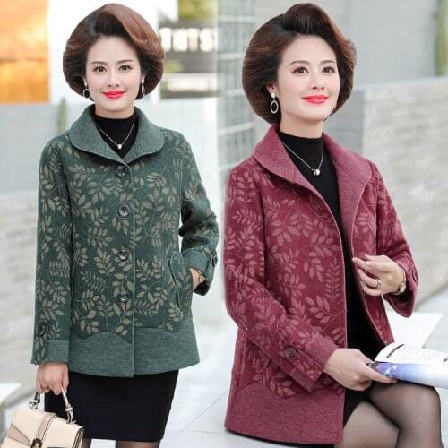 Blended Woolen Womens Jacket Middle-aged Elderly Mothers Spring Autumn Coat Short Single-Breasted Printed Tops Plus Size 5XL