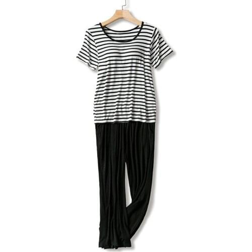 Female Summer New Pajamas Set 2PCS O-Neck Modal Sleepwear Striped Loose Home Wear Casual Simplicity Pyjamas Set Thin Lounge Wear