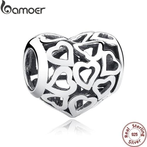 BAMOER 925 Sterling Silver Skeleton Heart Charms fit Bracelets & Necklace for Women Engagement Accessories SCC024