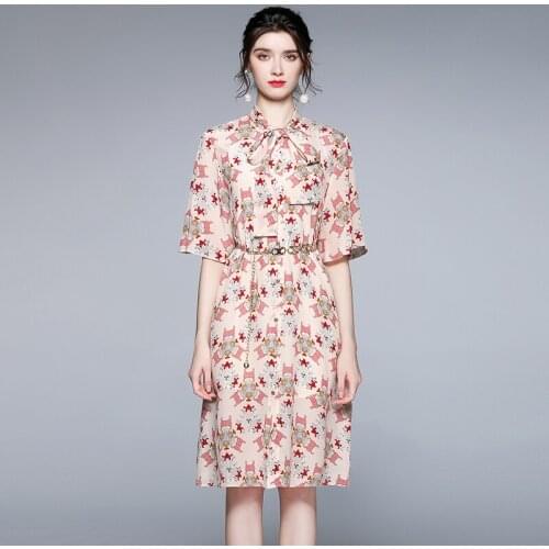 Summer Womens Prom Dress French Casual Bow Tie Collar Printed Lotus Leaf Sleeve Chain Waist Dress New Female Slim Dresses X123
