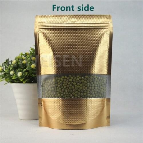 100pcs Matted Gold Stand Embossed aluminum foil zipLock bags with window Mylar foil plastic pouch Nuts sachet zipper reclosable