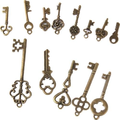 13PCS Mix Antique Bronze Skeleton Key Lock Love Pattern Charms Pendants For Necklace Jewelry Making DIY Accessories Handmade