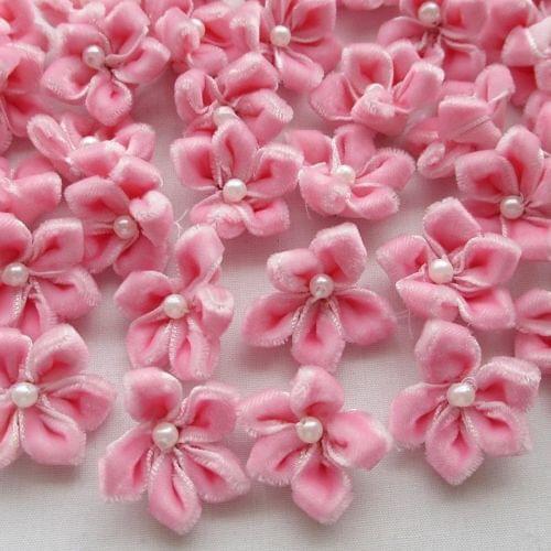20pcs 25MM pink color U pick Velet Ribbon Flower Bauhinia W/pearl Appliques Wedding