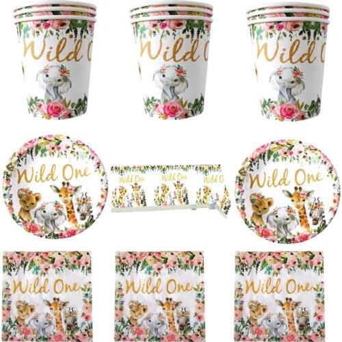 61pcs/lot Birthday Party Wild One Theme Kids Boys Favors Tableware Set Plates Cups Glass Dishes Baby Shower Tablecloth Napkins