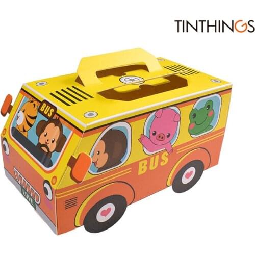 80PCS Bus Shape Box Cartoon Animals Candy Cookies Snack Gift Paper Box Packaging Cake Box Handle Kids Birthday Party Favors