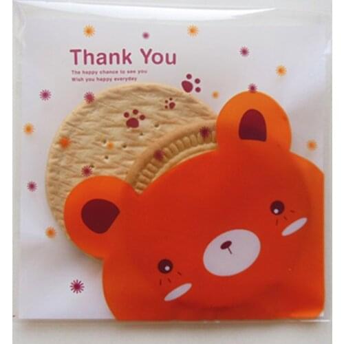 Free shipping bakery package orange bear decoration self adhesive cookie biscuit plastic bag candy gift bag birthday party favor