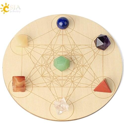 CSJA Healing 7 Chakras Collections Altar Natural Stone Crystal Quartz Tumbled Gems Decora Reiki Feng Shui Round Wood Plate G672