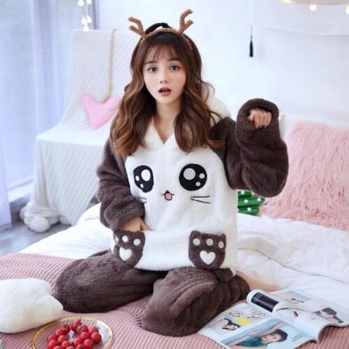 Cute Hooded Coral Fleece Warm Pajamas Set Flannel New Pajamas Women Autumn and Winter Plus Velvet Thick Female Long Sleeves Pyj