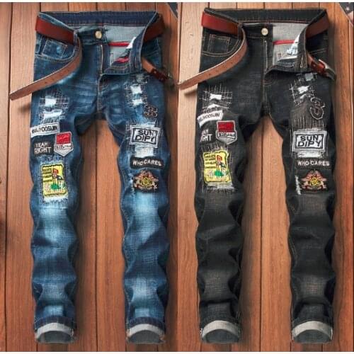 2021 Men’s Scratch&Hole Straight Jeans,Washed Elastic Denim Embroidery Pants,Badge Decors Street Fashion Slim Denim Jeans