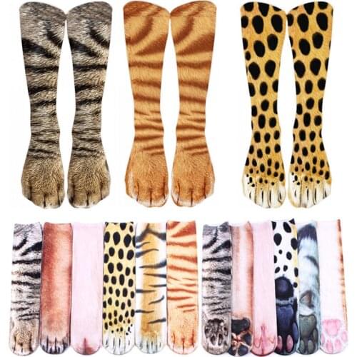 3 Pairs Animals Cat Socks For Unisex 3D Printed Funny Tiger Leopard Paw Thigh Socks Fashion Happy Gift Combination Sokken Female