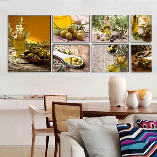 Poster and Prints Fresh Olive with Greens Olive Oil Canvas Painting Pictures for Dinning Room Restaurant Wall Interior Decor Art