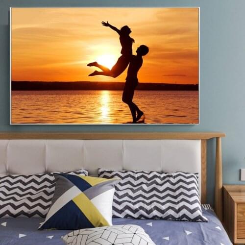Modern Landscape Posters and Prints Wall Art Canvas Painting Lover on Romantic Beach and Sunrise Pictures for Living Room Decor