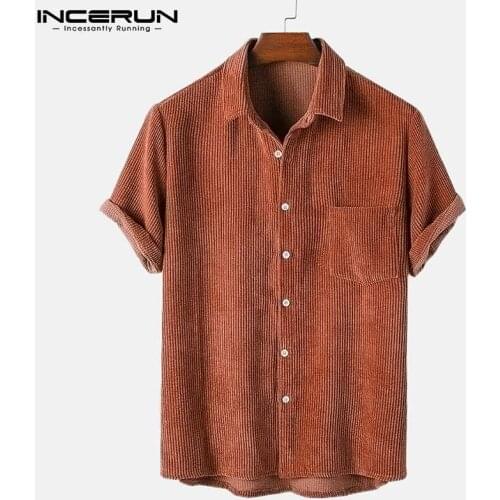 Summer Solid Color Men Shirt Corduroy Lapel Short Sleeve Button Streetwear Casual Men Clothing 2021 Pockets Camisa S-3XL INCERUN
