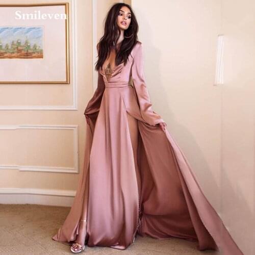 Smileven silk Satin Evening Dresses 2020 Sexy V Neck Flare Sleeve Party Gowns Double Split Robe De Soiree Prom Dresses Plus Size
